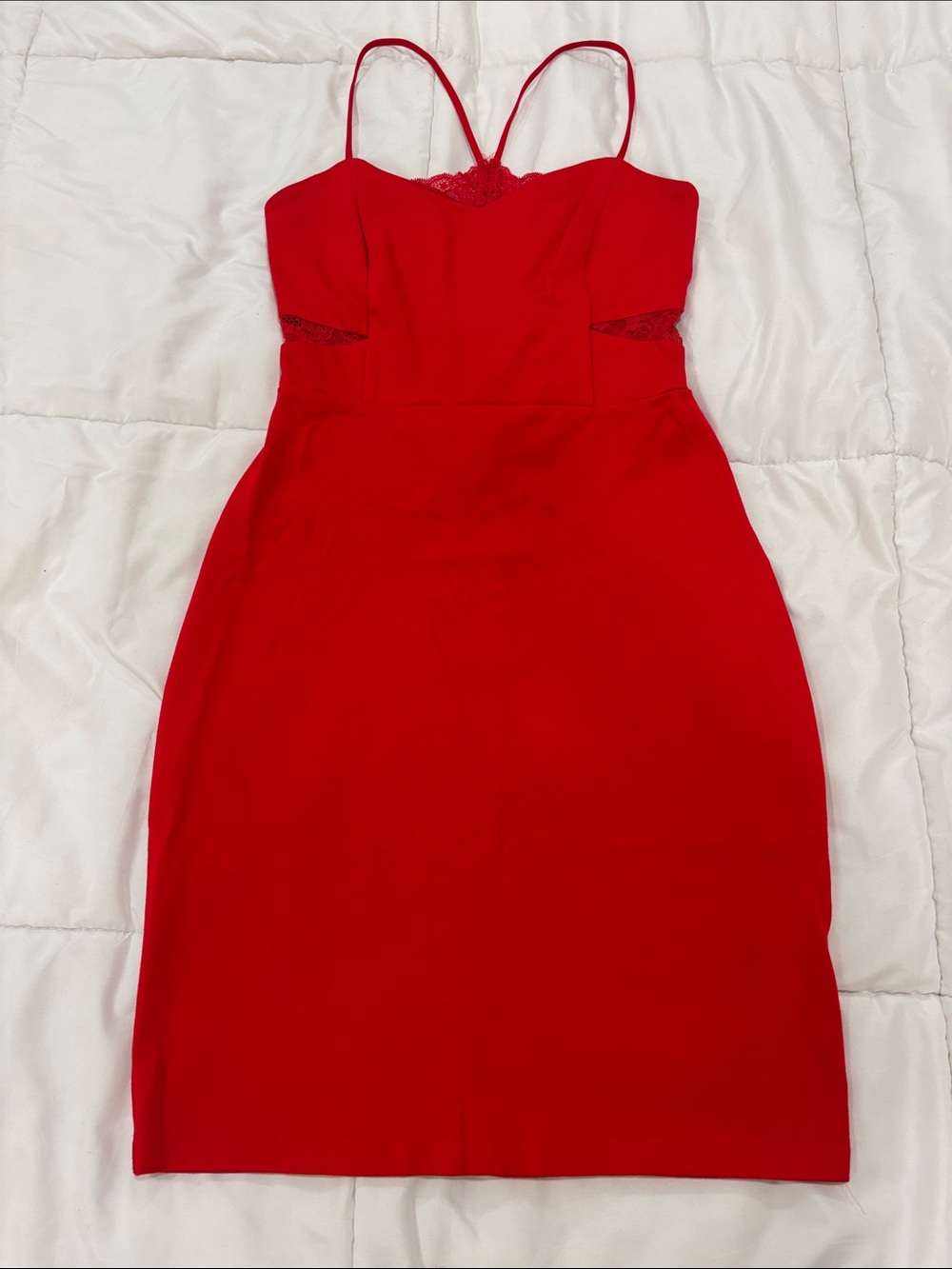 Express Red cutout Lace-Trim Midi Dress with Spaghetti Straps